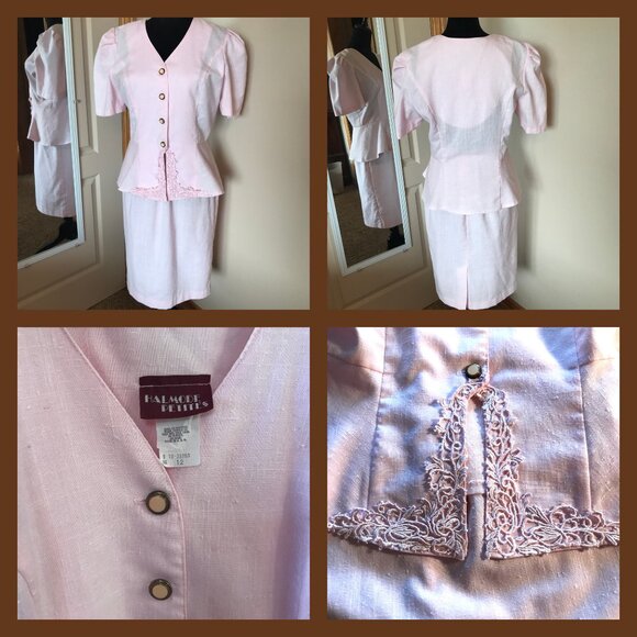 Halmode Petites Vintage Suit Embroidered Jacket Elastic Waist Skirt Pink Size 12 - Picture 8 of 11